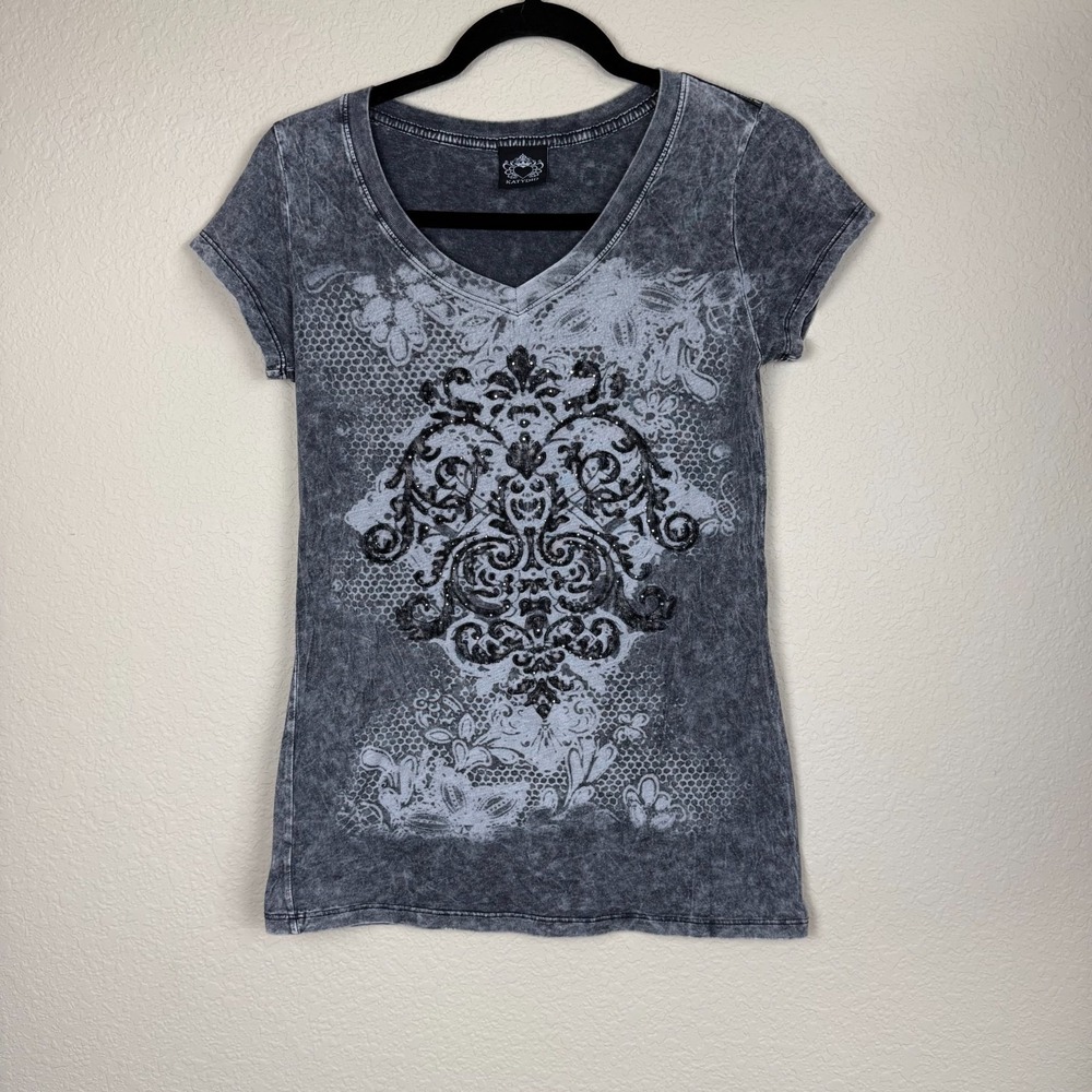 Women's Gray Acid Wash Black Damask Baroque Print Studded AOP Cybergoth Sz M
